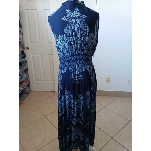 Bila Womens Maxi Dress L Blue Floral Smocked Split Neck Sleeveless Double Slit - Picture 2 of 16